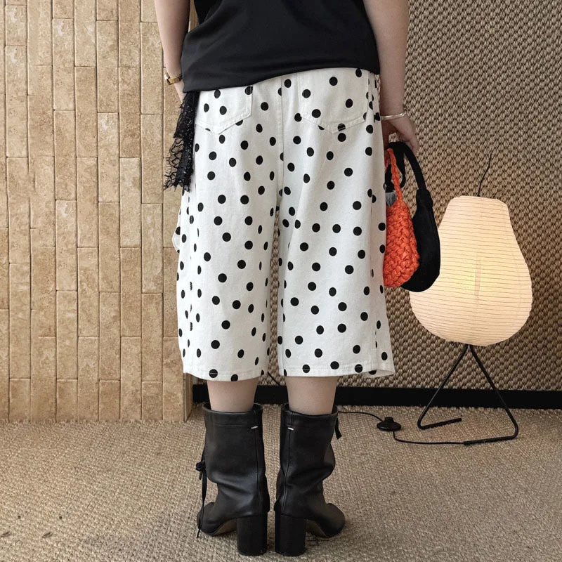 ANJY Spring Summer New Women Korean Style Fashion Polka Dot Multi-Pocket Cargo Jeans Trendy Pleated Chic Loose Fit Shorts A20587