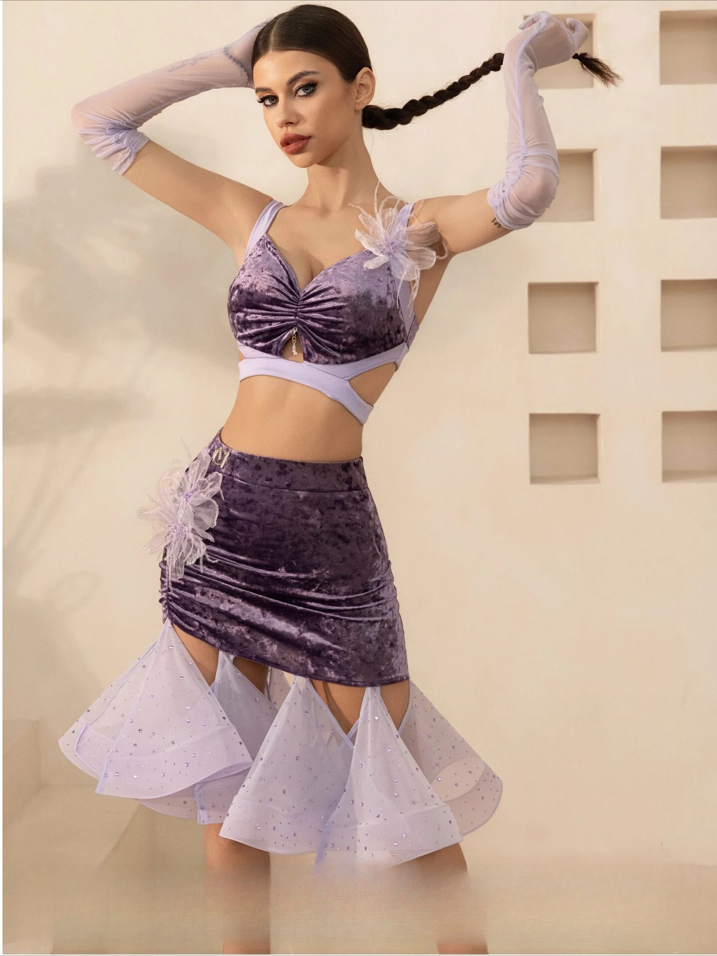 

UK Latin Dance Dress Velvet Top with Cut-Out Bodycon Skirt Set for Performance & Competition Ballroom dance costumes