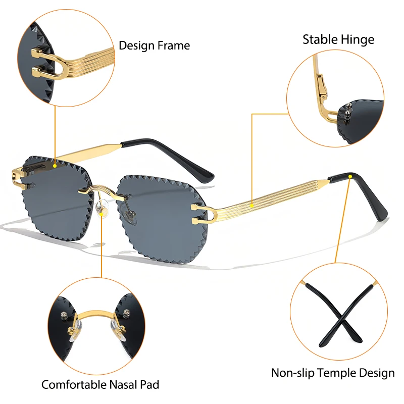 CATERSIDE Neue randlose Sonnenbrille für Herren, quadratisch, modisch, mit geschliffenen Gläsern, Markendesign, Sonnenbrille für Damen, Party, Festival, Brillengeschenk – Detail 4