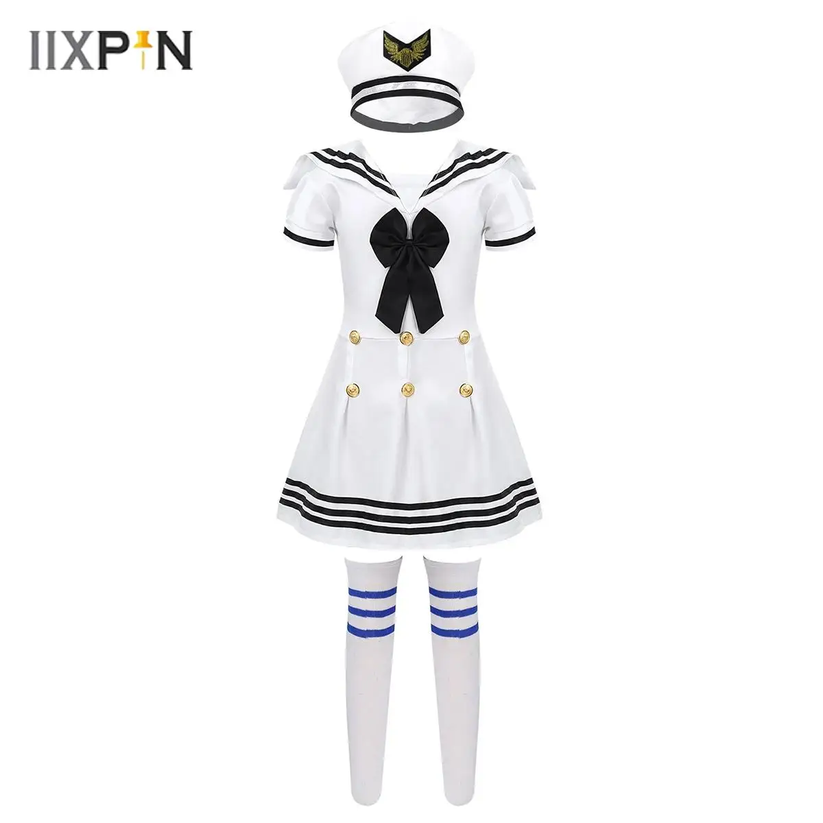 

Kids Girls Sailor Uniform 3Pcs Halloween Cosplay Costume School Chorus Stage Performance Dancewear Short Sleeve Dress+Hat+Socks