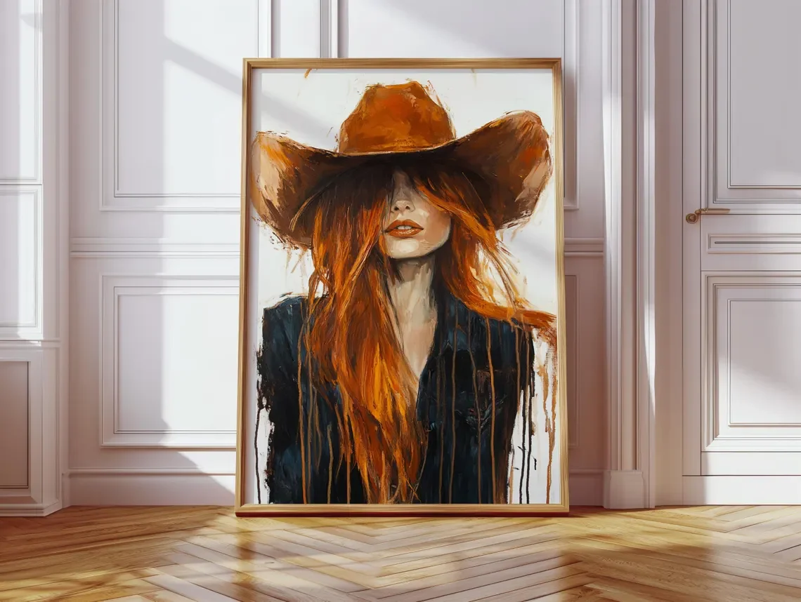 1PC frameless decorative art print,Western Cowgirl Portrait Wall Print Decor - Bold Drip Painting of a Red-Haired Cowgirl in a B
