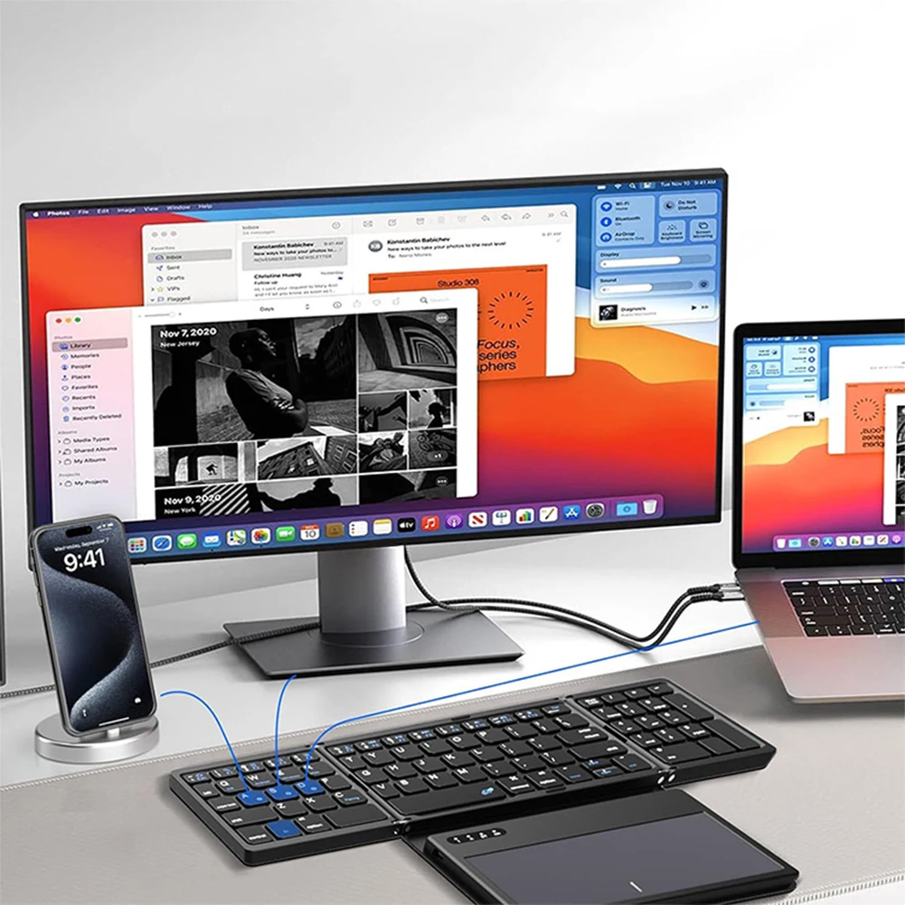 

Складная Bluetooth-совместимая клавиатура с большим тачпадом, четырехсекционная беспроводная складная клавиатура для Android, iOS, Windows