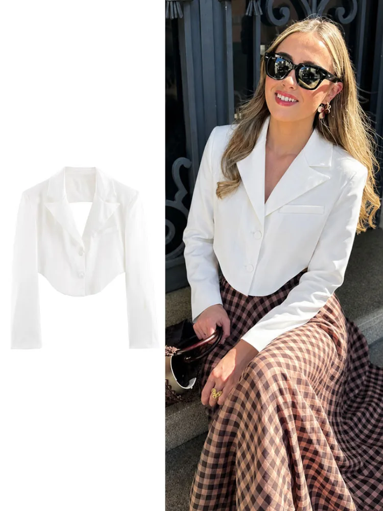 HH Women Spring Summer Casual White Two Button Cropped Vest Lapel Collar Curved Hem Sleeveless For Work Office Daily Wear