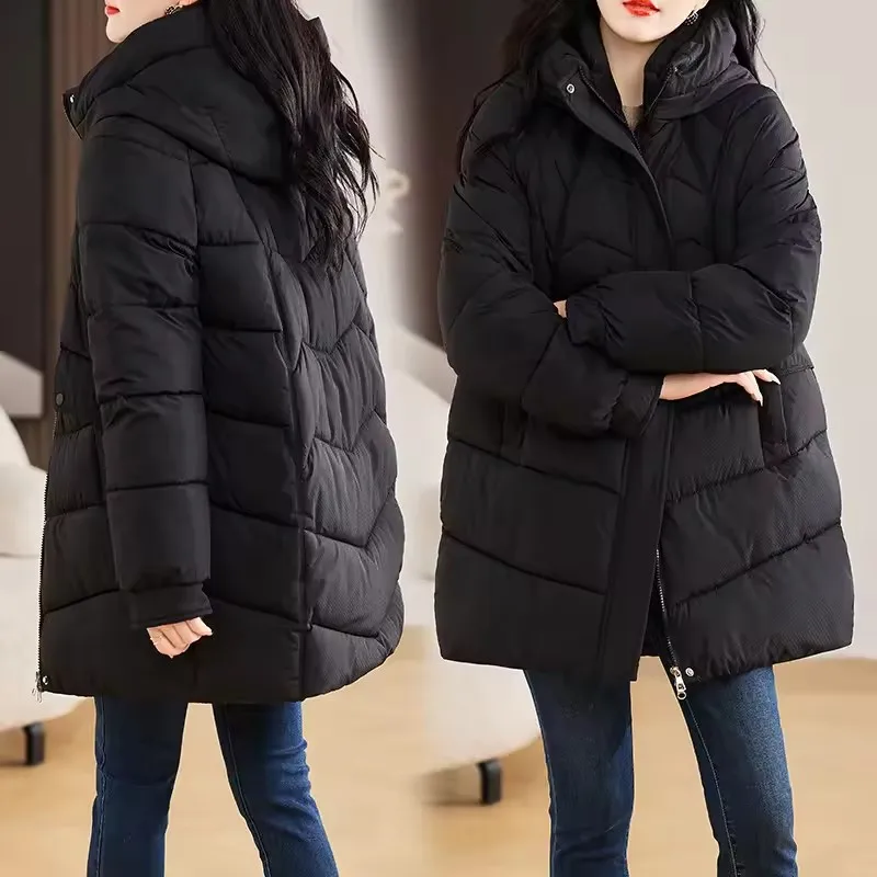 

New Winter Women Hooded Parkas Solid Thicken Warm Cotton Padded Coats Casual Mid-length Loose Snow Puffer Outerwear