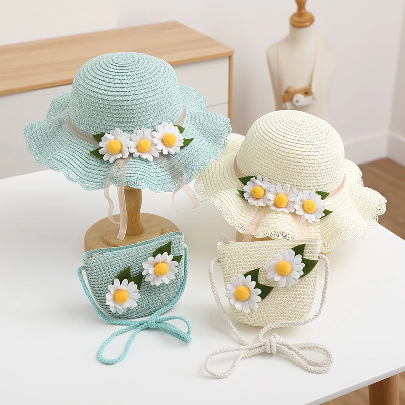 Summer Girl Cut Straw Hats Baby Lace Flower Sun Hat +Should Bag Handbag 2pcs Set  Kid Princess Hat Outdoor Caps