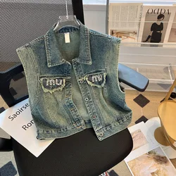 Vintage Hot Rhinestone Denim Vest Coat Women's Spring Autumn New Washed Dressed Short Sleeveless Spice Girl Street Top