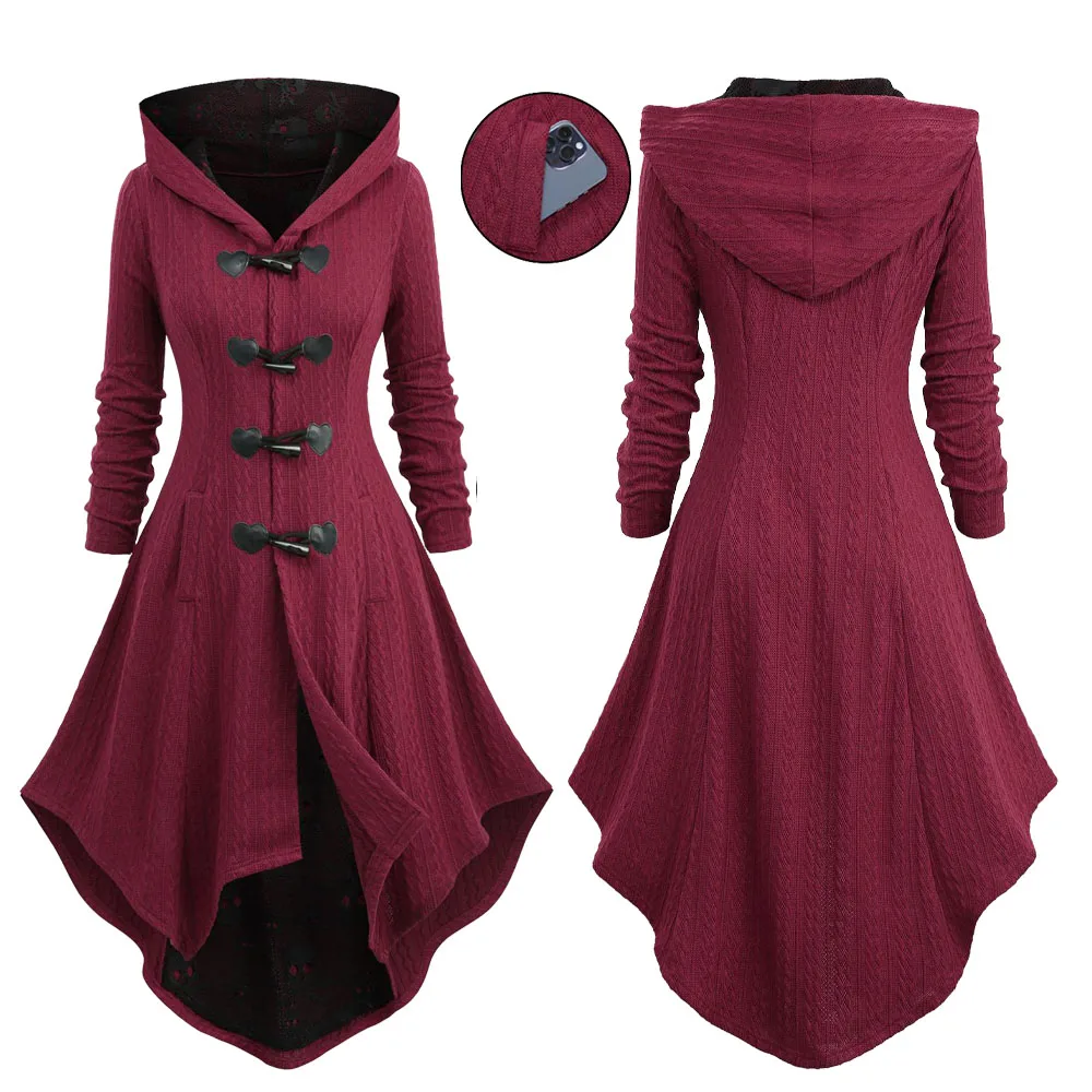 

ROSEGAL пальто больших размеров женские осенние повседневные вязаные текстурированные роговые пуговицы карманы пальто с капюшоном однотонная верхняя одежда