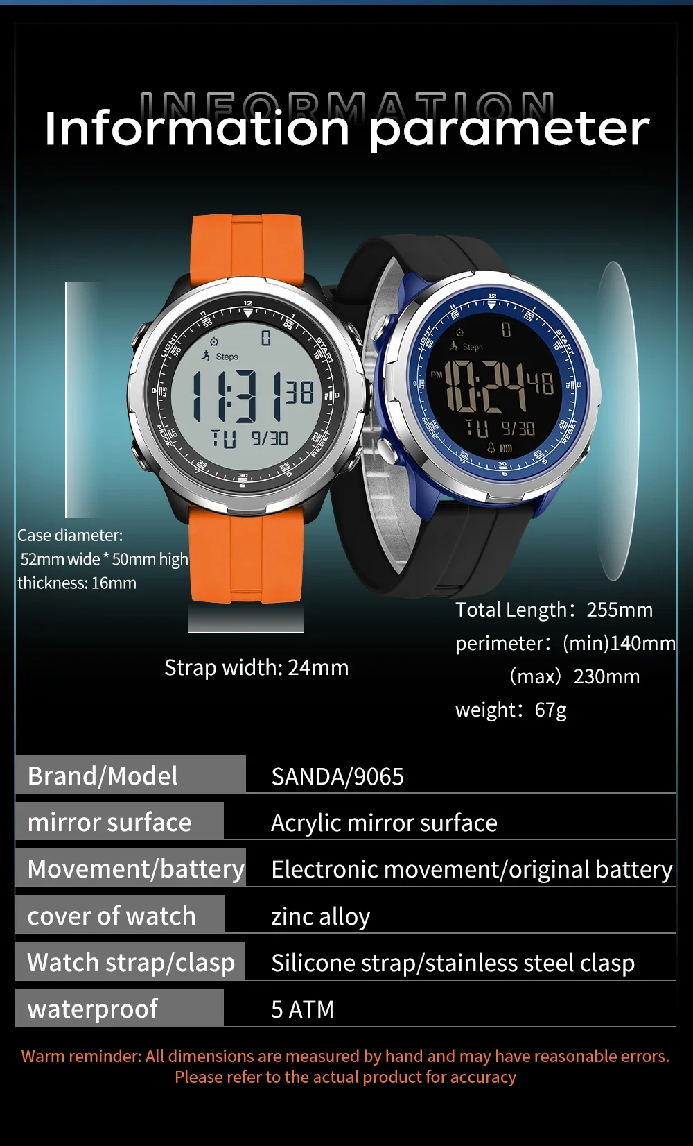 SANDA 9065 Top montre électronique pour hommes Simple veilleuse calendrier réveil étanche et antichoc montre numérique