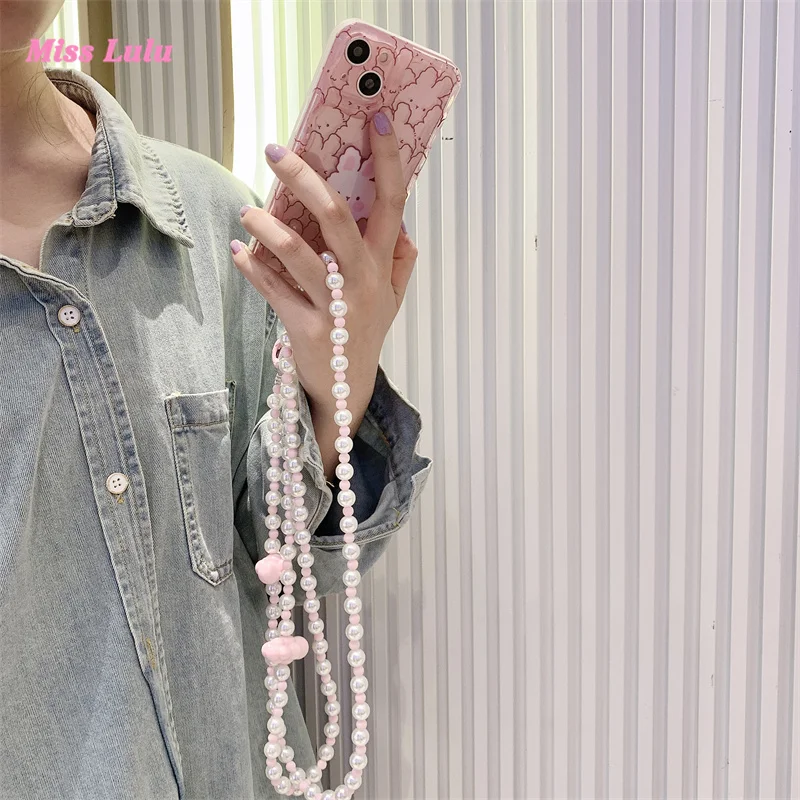 Cute Heart Beaded Bracelet Phone Strap Bowknot Handmade Hanging Long Chain Woman Girl Bag Camera Pendant for Airpods Cases