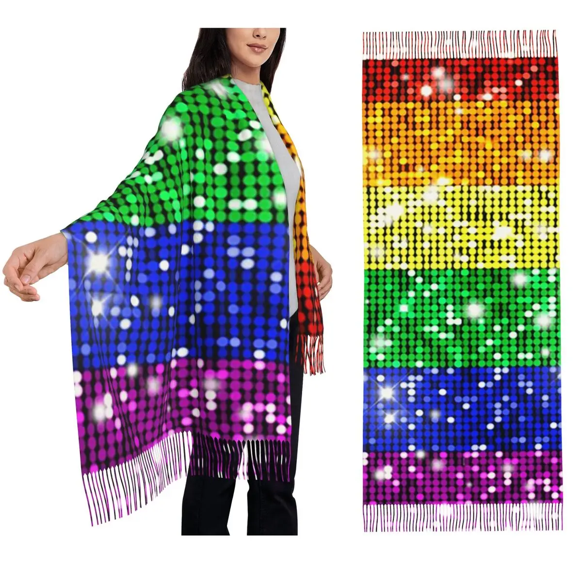 

Faux Glitter Rainbow Pride Flag LGBT Gay Lesbian Scarf Tassel Scarves Women Shawls and Wraps Large Fall Winter Shawl Wrap