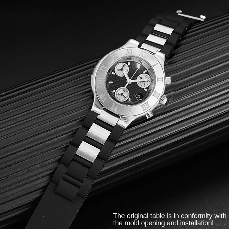 20x10mm Silicone Strap for Cartier 21th Century Watch Raised Edge Waterproof Band, Black/White Luxury Watch Bracelet Replacement