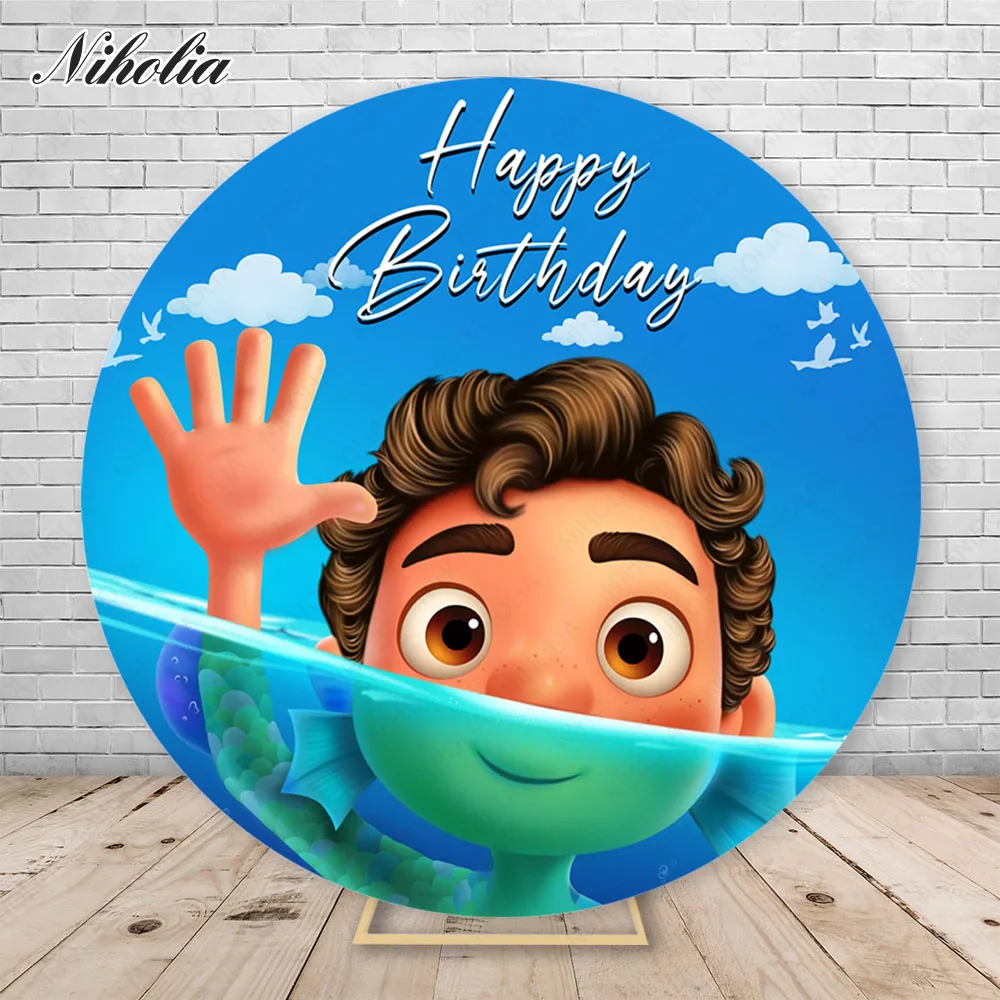 Disney Luca Round Backdrops Cover Fish Man Summer Friendship Day Happy Birthday Party Background Photo Studio Elastic Cylinder