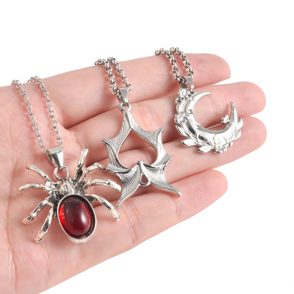 1pc Punk Stainless Steel Pendant Necklace Red Spider Pumpkin Bat Wings Religious Cross Necklaces For Women Men Amulet Jewelry