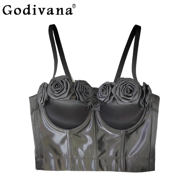 

Satin Three-dimensional Flower Outer Wear Fishbone Sling Vest Short Sexy European American Performance Travel Sweet Slim Top