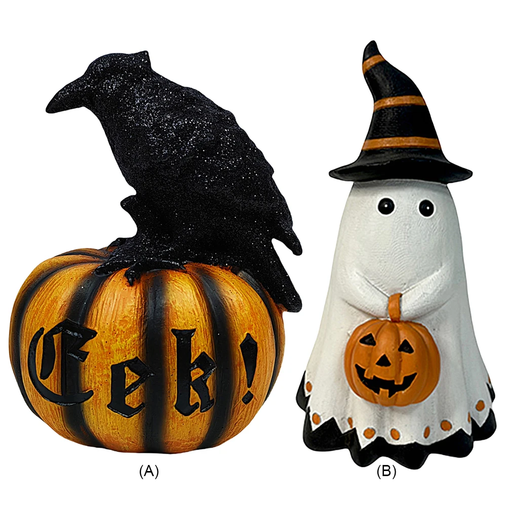 

Halloween Raven Pumpkin Ornament Resin Mini Ghost Pumpkin Figurine Horror Tabletop Decoration for Shop Bedroom Living Room