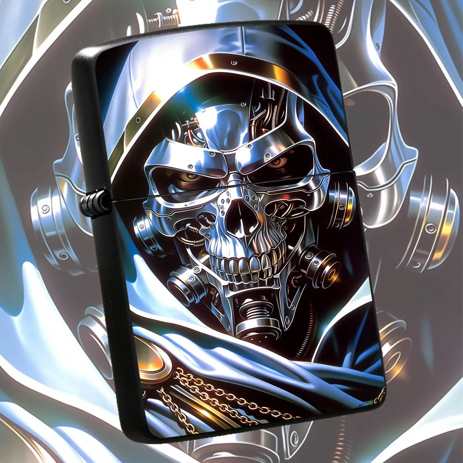 Retro Cyber Cyborg Skull Themed Portable Igniter Exquisite Glossy Art Print Stylish Carry-On Item Perfect For Daily Use Outdoor Camping Gifting To Hobbyists Home Display Suitable For All Scenarios As A Unique Decorative Collectible Gift A H