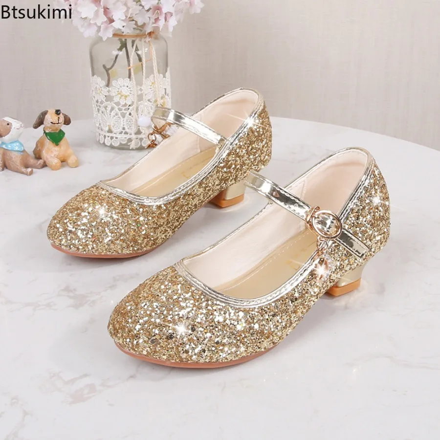 New Girl's High Heel Shoes Sequins Versatile Children's Leather Shoes Princess Wedding Party Versatile Kids Causal Dresses Shoes