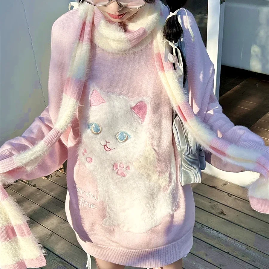 Japanese Y2K Egirl Winter Two Piece Set Scarf and Sweater High Quality Plush Cat Embroidery Jersey Jumper Women Casual Loose Top