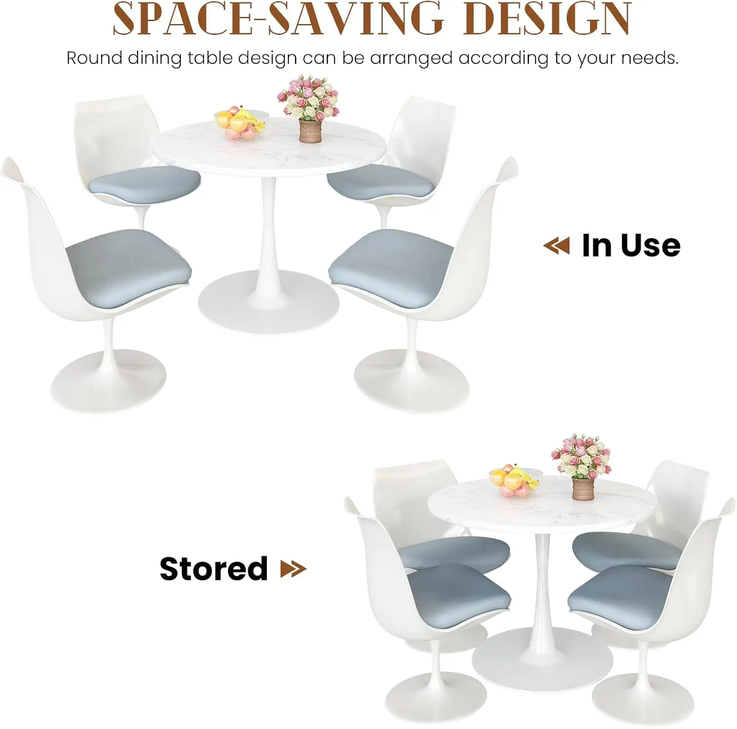 White Marble Round Dining Table, 31.5" Tulip Table Kitchen Dining Table 2-4 People with MDF Table Top & Pedestal Base, Mid-Centu