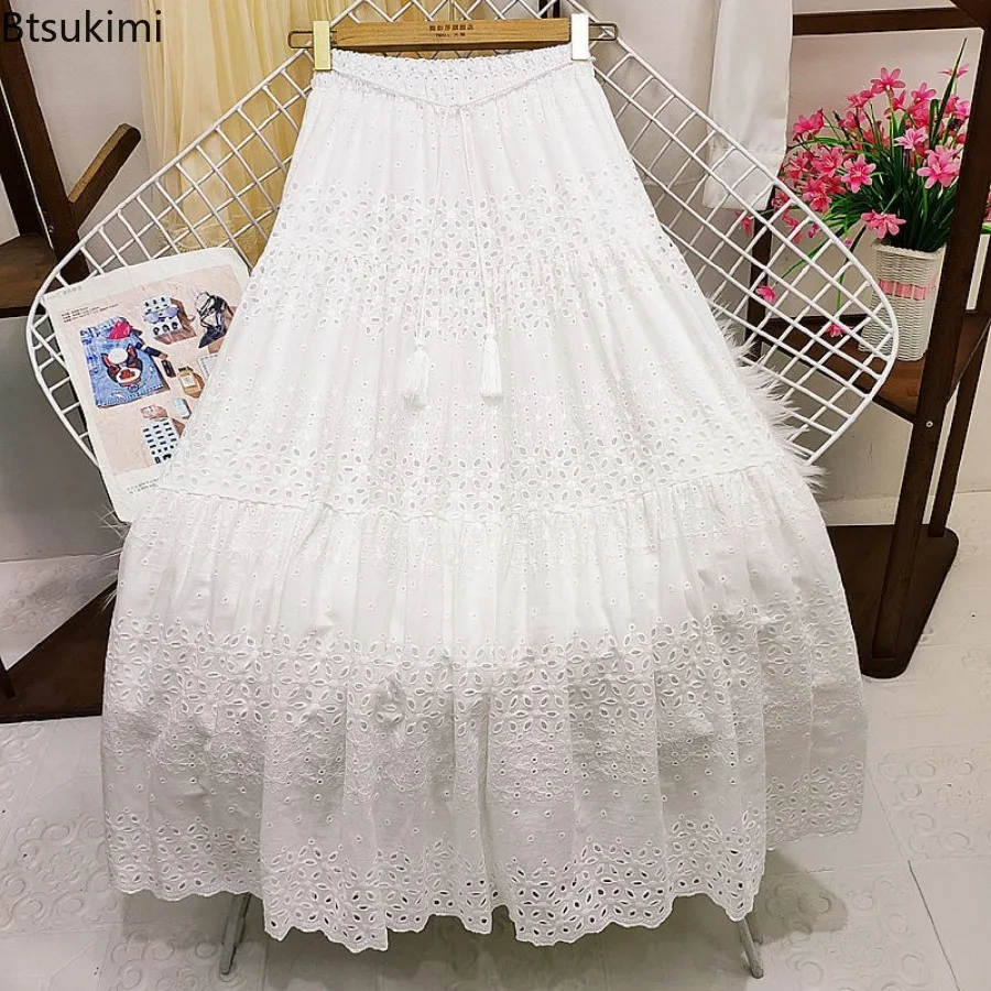 

2024 Women's Fashion Solid Long Skirts Faldas Casual Lace Skirt Woman Clothes Harajuku Saia Jupe Femme Loose Maxi Ladies Bottom