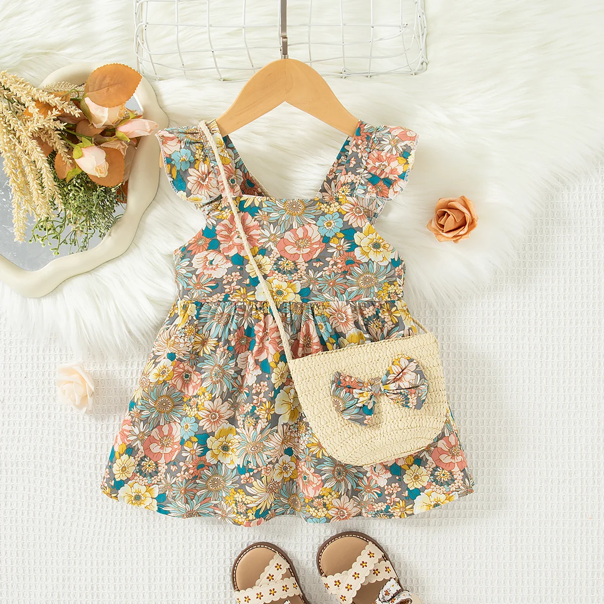 Summer New Baby Girl Floral Dress Sweet And Cute Children'S Clothing+Bow Bag (9 Months -3 Years Old)