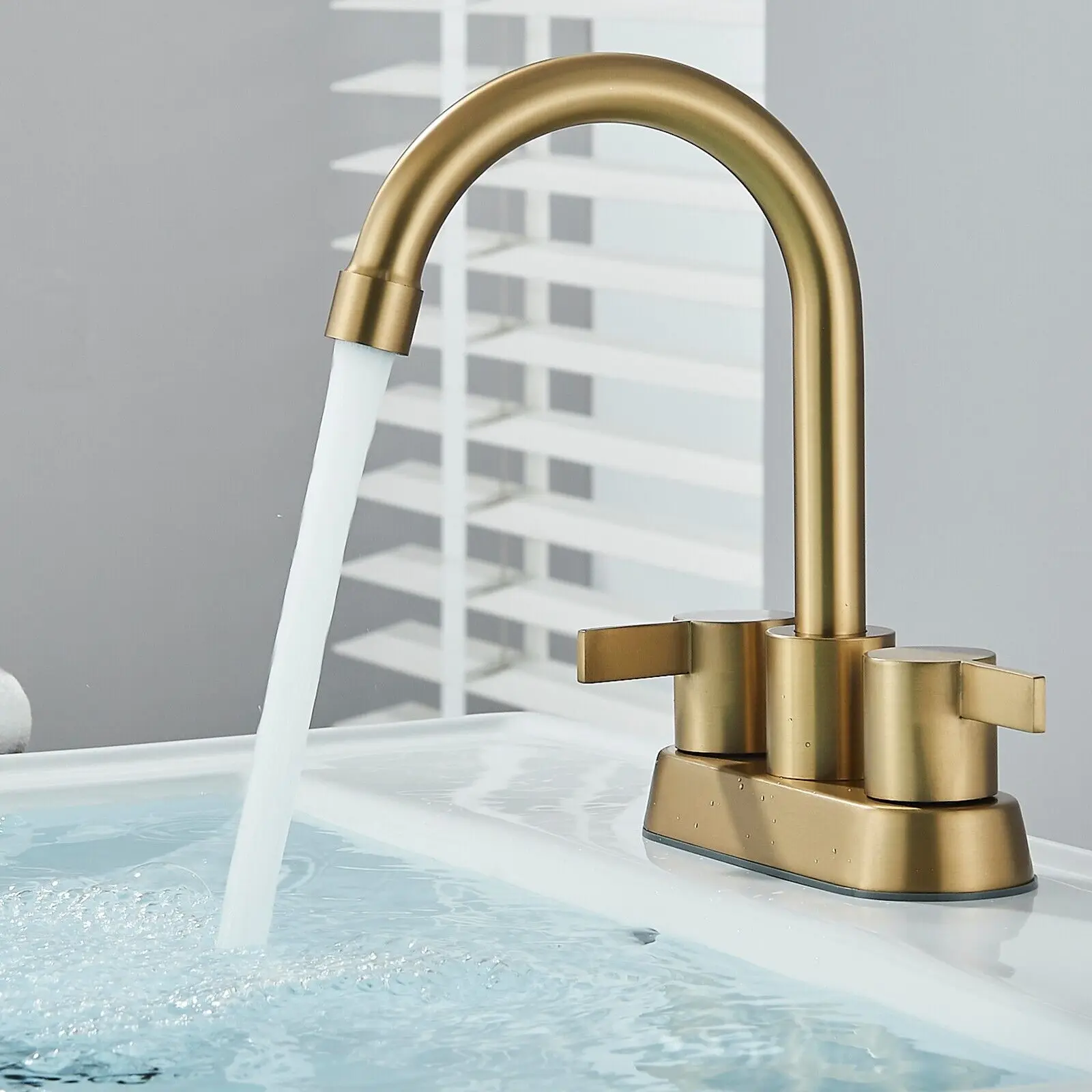 4 Inch 2-Handle Brushed Gold Bathroom Faucet for Lavatory with Pop-up Sink Drain and Faucet Supply Lines