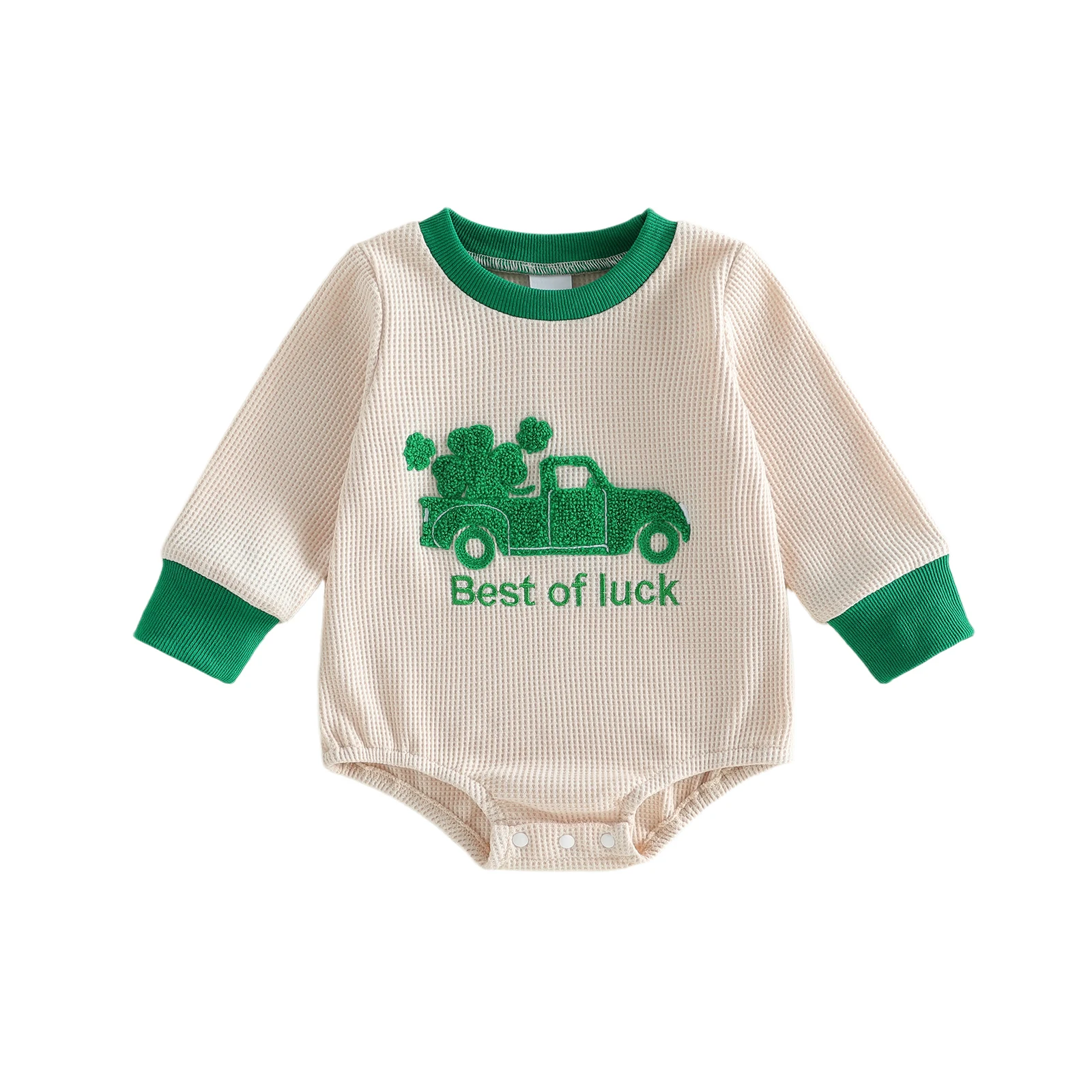 

Baby Boy Romper Long Sleeve Round Neck Shamrock Truck Embroidery Bodysuit Newborn Playsuit