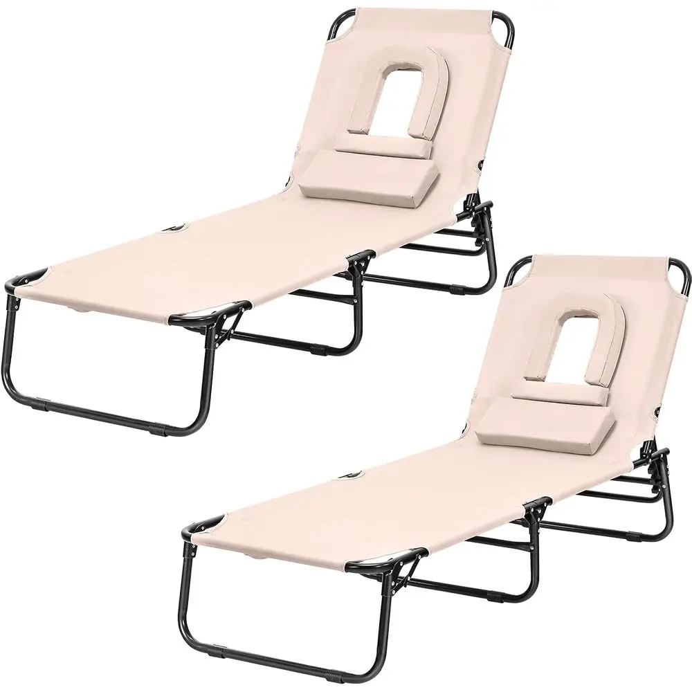 Silla de playa plegable con 5 posiciones ajustables, orificio, almohada desmontable, cuerdas de mano, tumbona para tomar el sol, junto a la piscina, patio, Pa