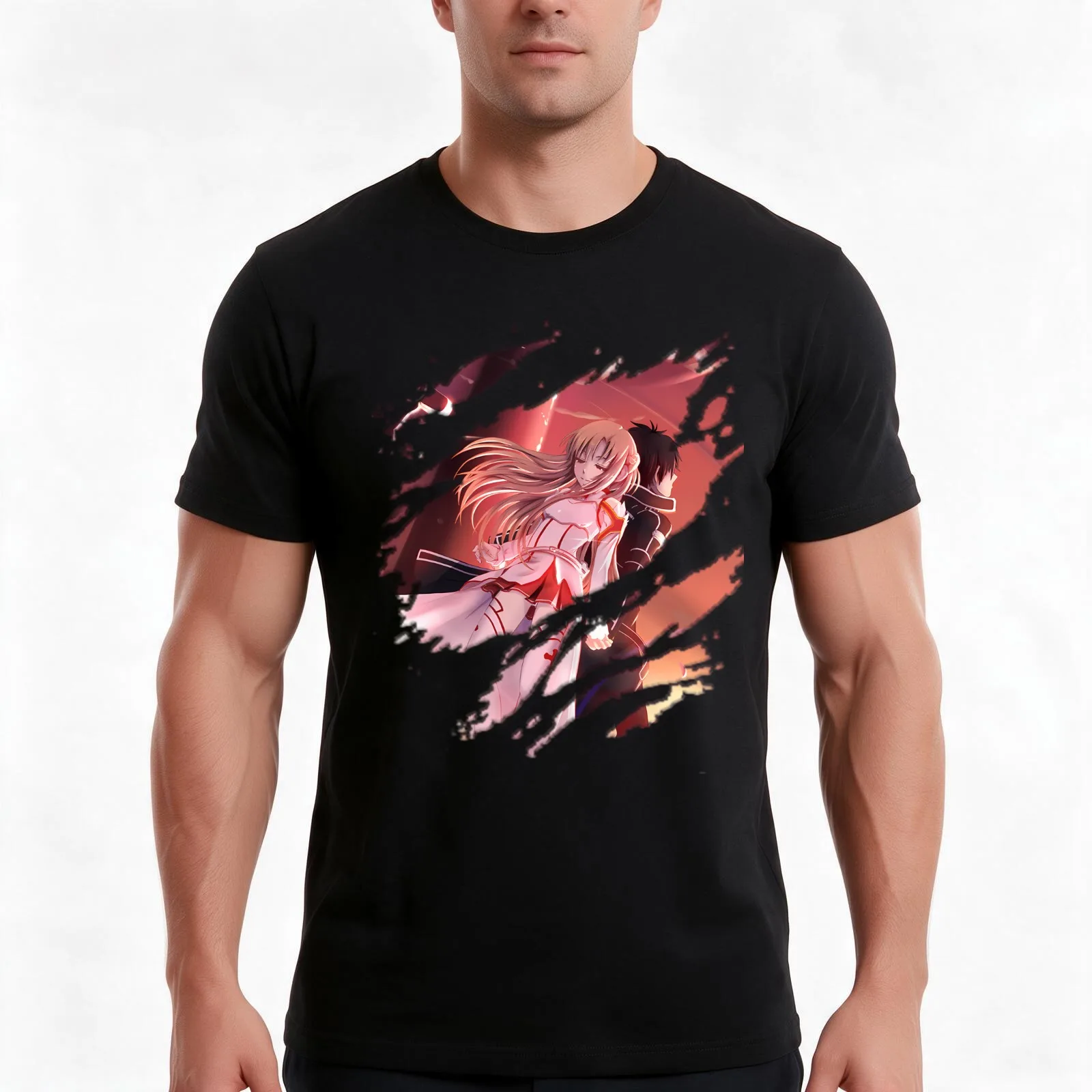 Kirito & Asuna T-Shirt, Summer Casual Cotton Tee, Oversized Streetwear Tops, Vintage Graphic Print, Loose Fit Short Sleeve