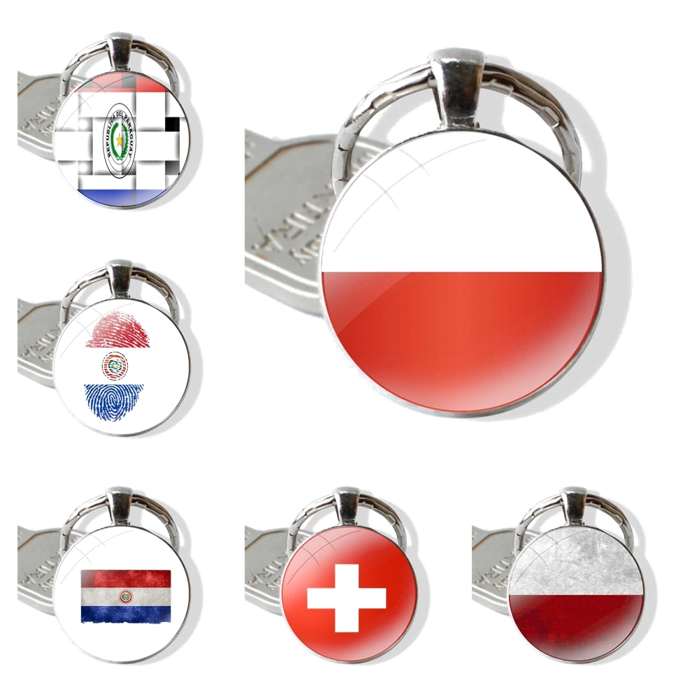 National flag Poland Switzerland Paraguay Keychain Handmade Glass Cabochon Key Ring Holder Pendant Key Chains