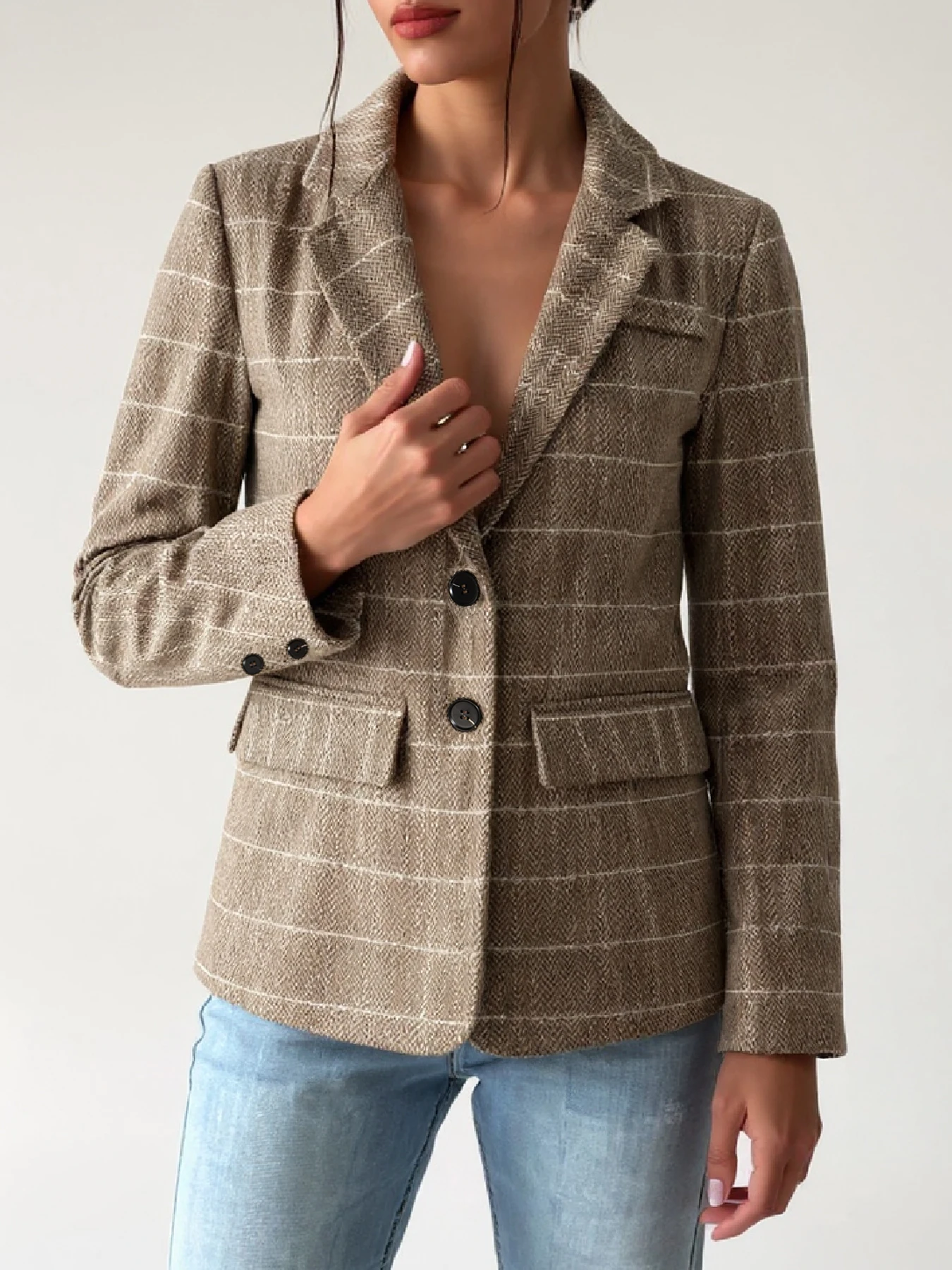 Women Plaid Blazer Notched Lapel Two Button Long Sleeve Jacket Vintage Houndstooth Check Outerwear Lady Casual Office Suit Coat