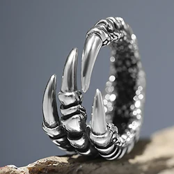 Stainless Steel Vintage Silver Dragon Claw Adjustable Opening Ring Tibetan silver Eagle Animal Rings for Men Women Punk Jewelry