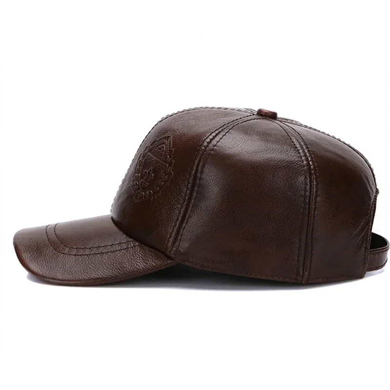 

Male High Quality Genuine Real Cow Leather Baseball Hats New Casual Real Leather Earflap Cap Men Real Cowhide Leather Caps Men