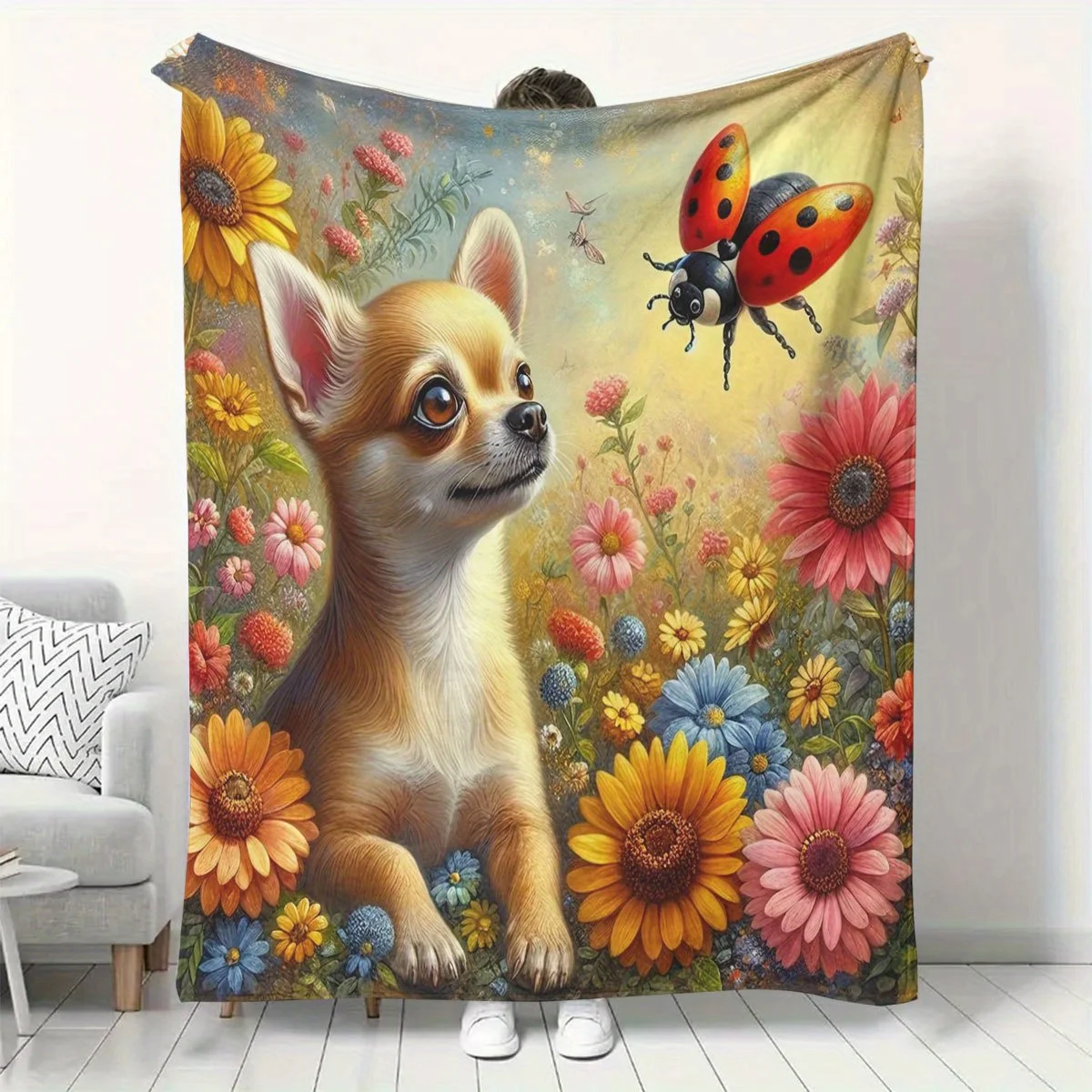Chihuahua Puppy Pattern Flannel Dorm Office Nap Blanket, Printed Blanket, Gift for Friends Flannel Blanket, Soft and Warm Blanke
