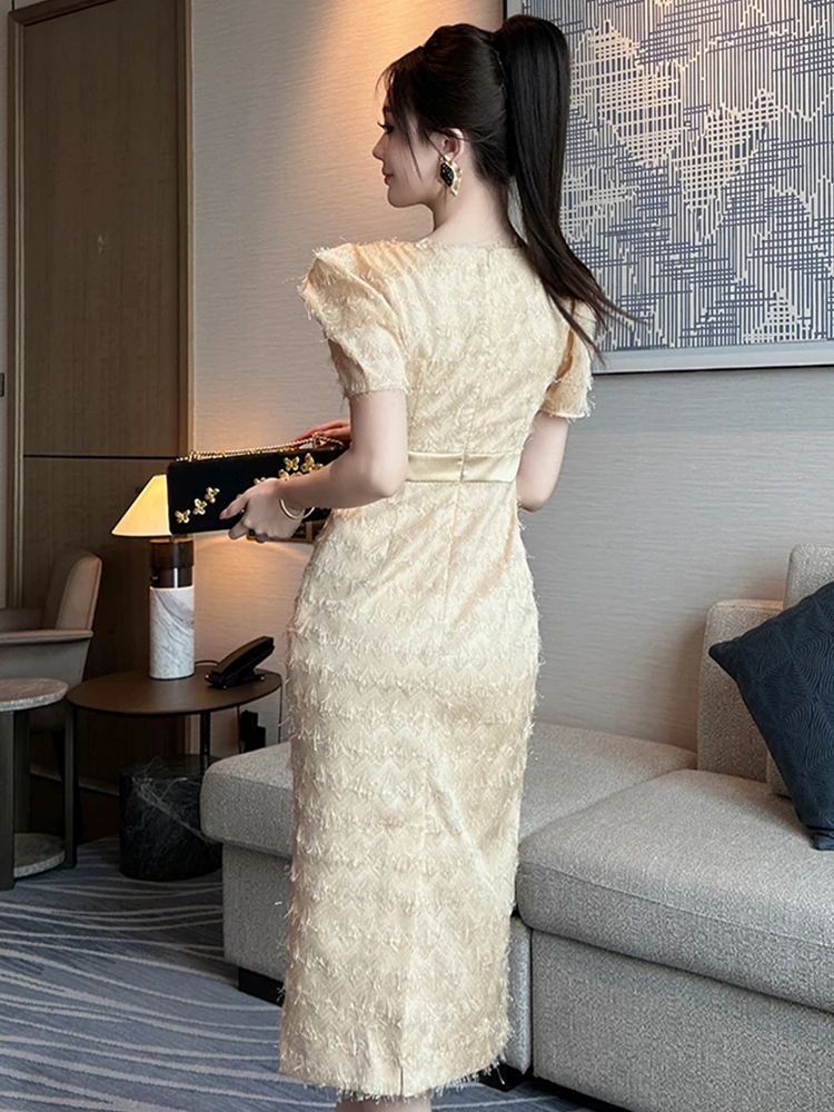 Frauen Kleidung Formelle Anlässe Kurzarm Quasten Schlank Midi Bleistift Kleid Elegante Pendeln Dame Mode Party Vestido Robe Sommer