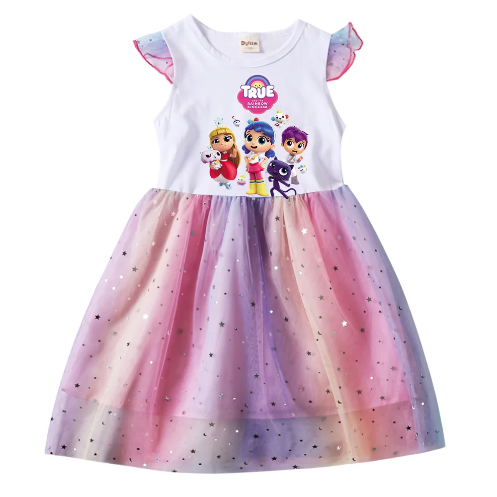 True and The Rainbow Kingdom Dress Kids Sleeveless TShirt Mesh Sequin Dresses Toddler Girls Princess Vestidos for Wedding Party