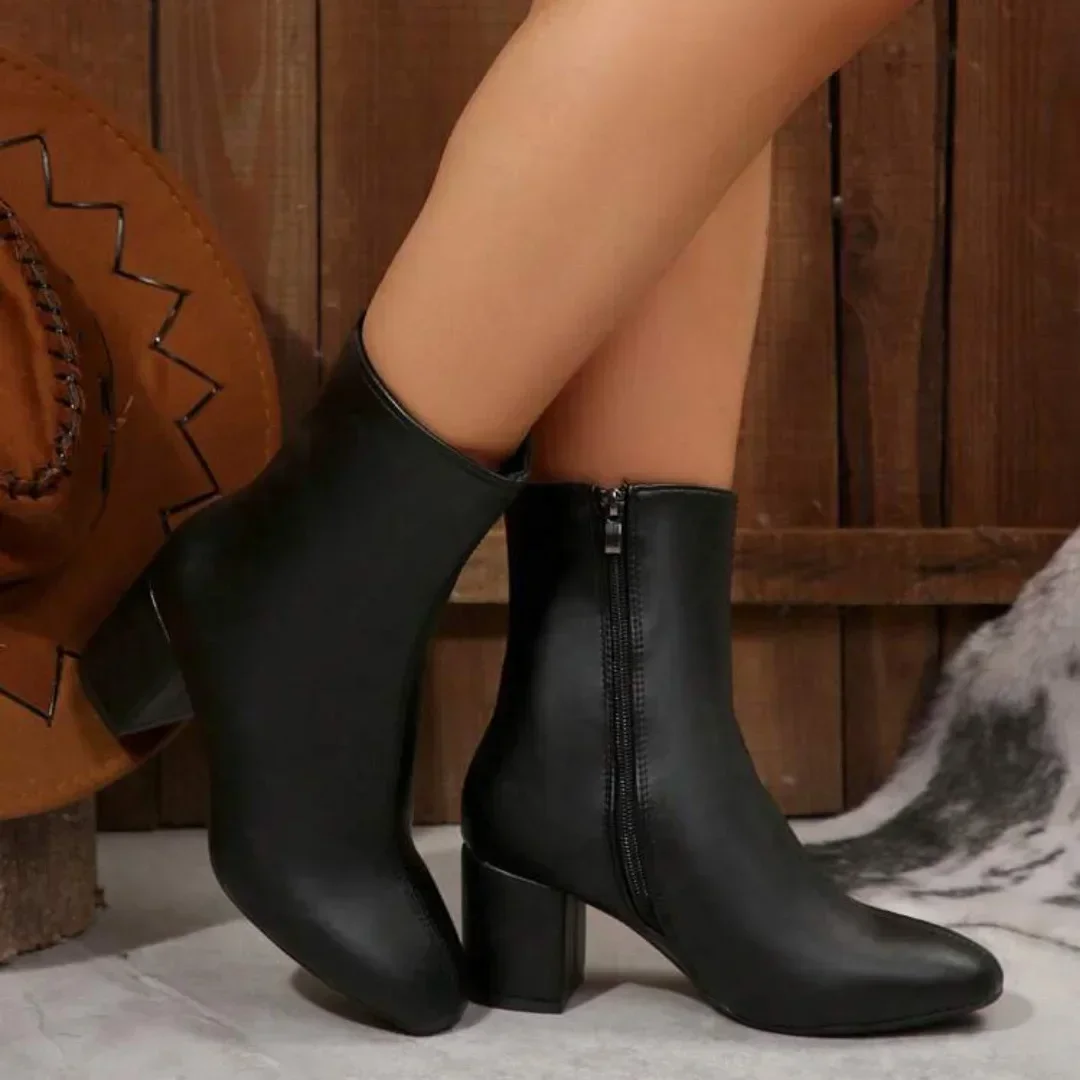 Damen-Stiefeletten für den Winter mit seitlichem Reißverschluss, dehnbarem mittlerem Absatz, großer Größe, kurzer Stiefelette, modische spitze Schuhe, Botas De Mujer – Detail 14