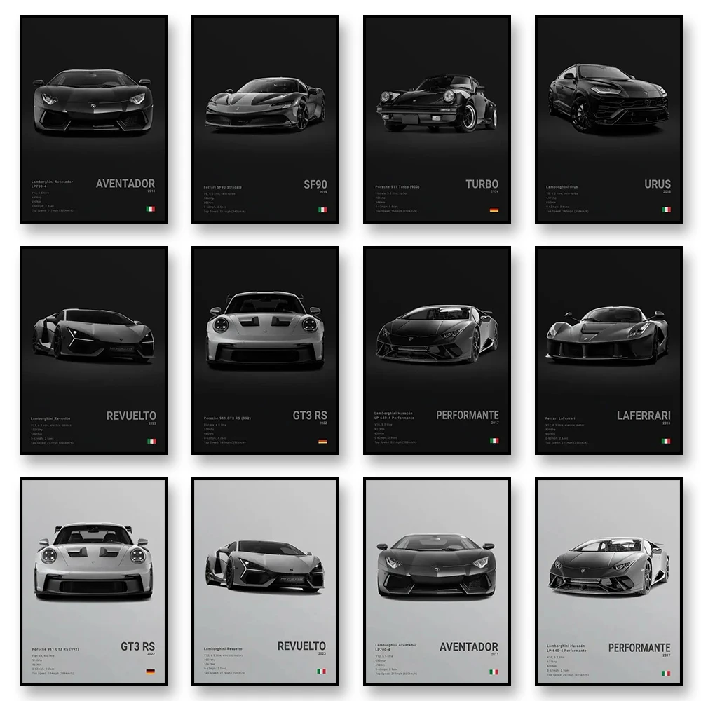 Famous Car GT3 RS TURBO SF90 Canvas Wall Art Print Poster URUS AVENTADOR REVUELTO Decorative Mural Home Decor Car Lover Gift