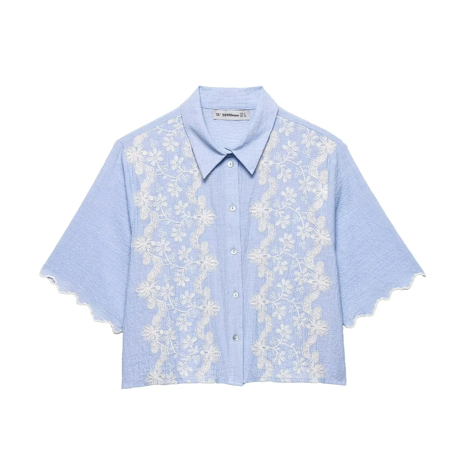

Korejepo New Women Clothing European American Style Embroidered Fashionable Short Sleeved Lapel Short Shirt Top