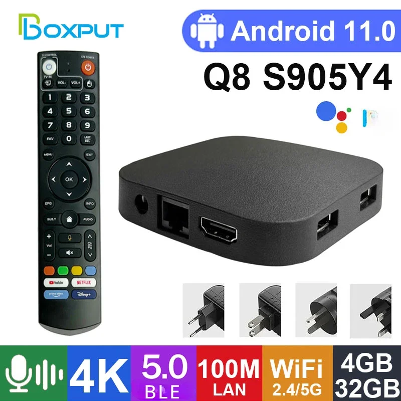 Boxput Q8 TV Box Amlogic SW905Y4  Andorid 11.0 Voice Assistant 2.4G 5G WiFi 4K  BT5.0 4GB 32GB Quad Core Set Top Box Smart Home