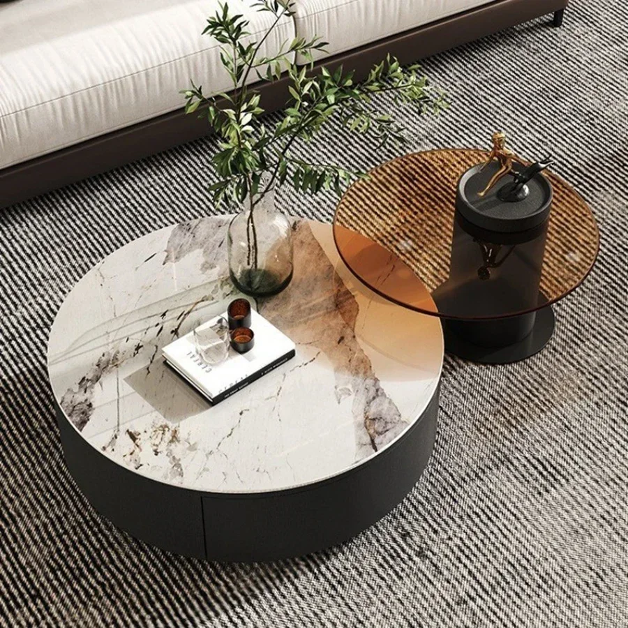 Creativity Black Coffee Table Metal Round Ultra Low Industrial Gloss Up And Down Natural Hall Tables Aesthetic Home Furniture
