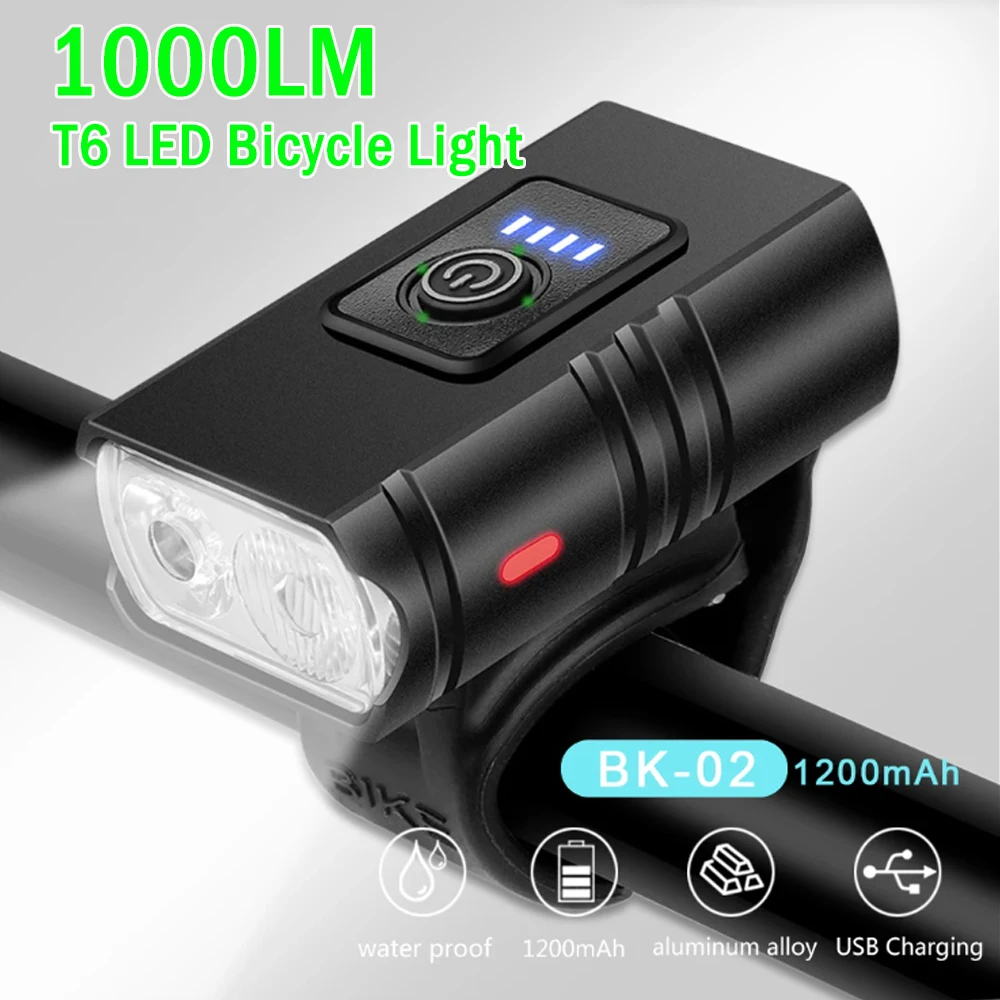 Bike Light Headlight T6 Bicycle Flashlight 1000LM LED USB Rechargeable Torch Aluminum Alloy Cycling High Beam Low Accessories