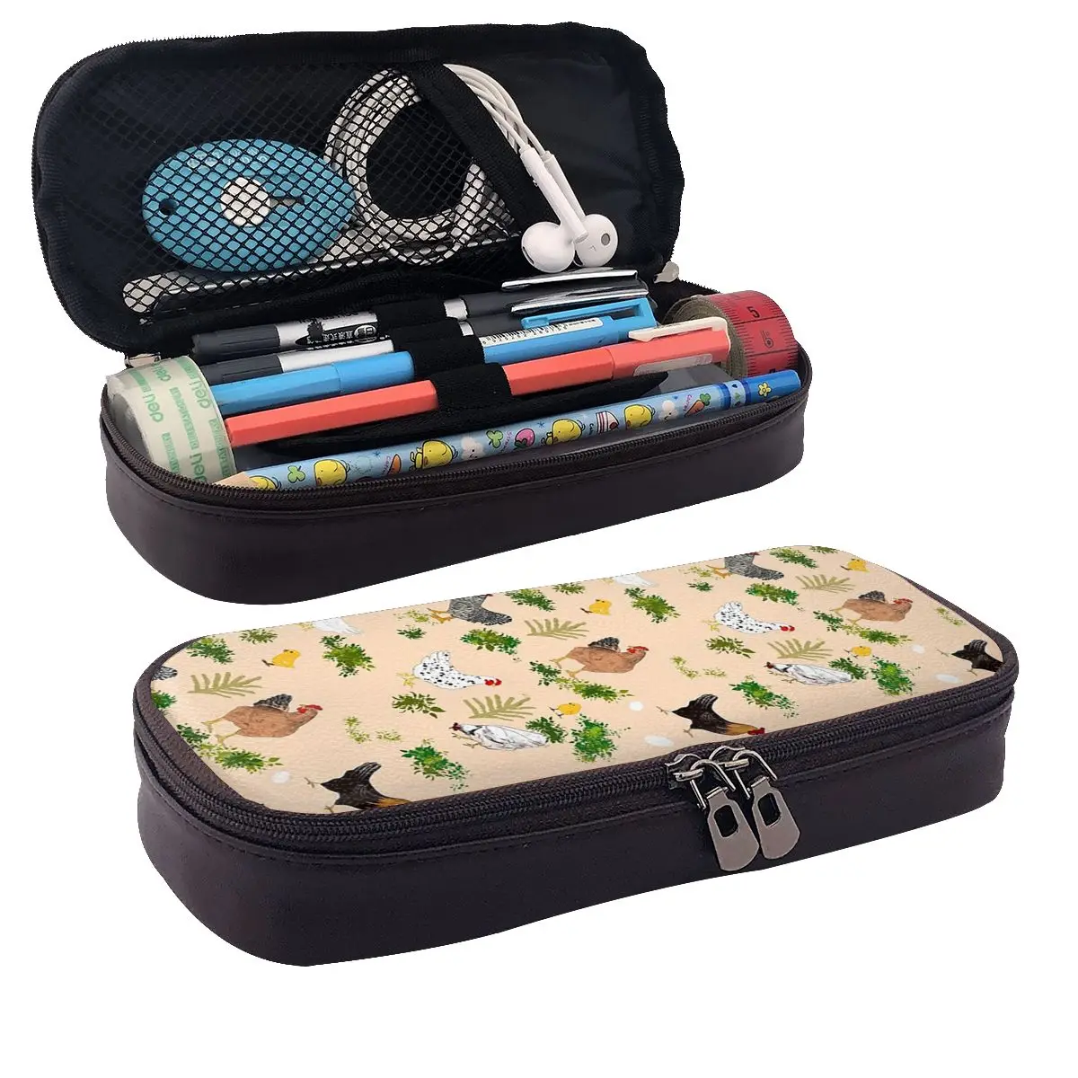 Chicken hen chicks Pattern Leather Pencil Case Pencil Pouch Storage Stationery Supplies Large Storage Pen Box Pencil Bag for Kid