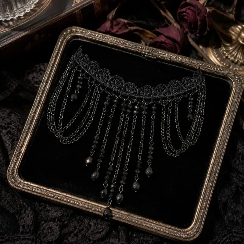 31BB Electroplated Alloy Chokers with a Gothic-Inspired Black Look, Creating a Defined Decorative Accent Along the Neckline