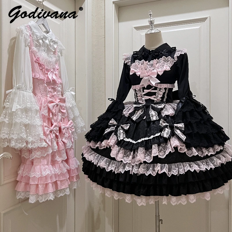 Original Lolita Dress Set Doll Feeling Girl Women's Sweet Jsk Suspender Dress Princess Fairy Lace Bow Sling Cake Dresses