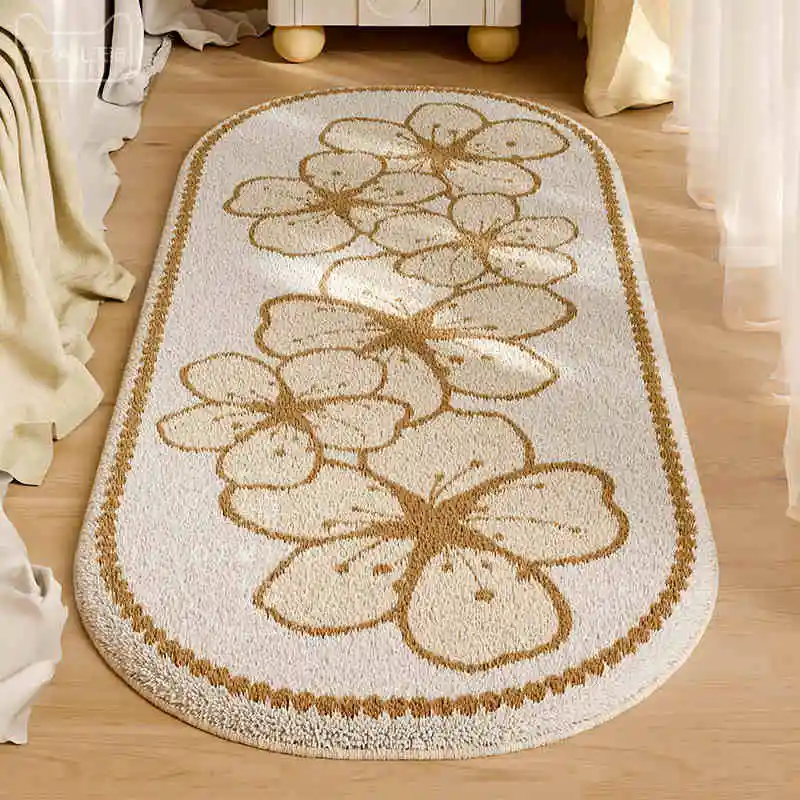 Ins Style Bedroom Decor Floral Bedside Rug Pink Plush Carpets for Living Room Cream Style Casual Rug Fluffy Soft Irregular Mat
