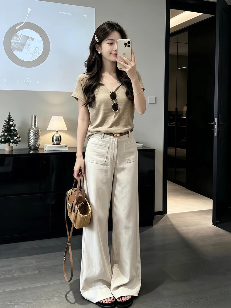 

Summer 2026 Trendy Korean Style Short Sleeve Top And Casual Pants Set Comfortable High Waist Loose Fit V-Neck Two-Piece Suit