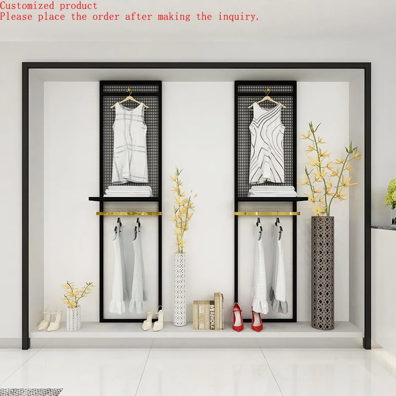 

Custom Design Wall Mounted Black Clothing Display Rack with Grid Double Layer Display Shelf for Clothes Shop