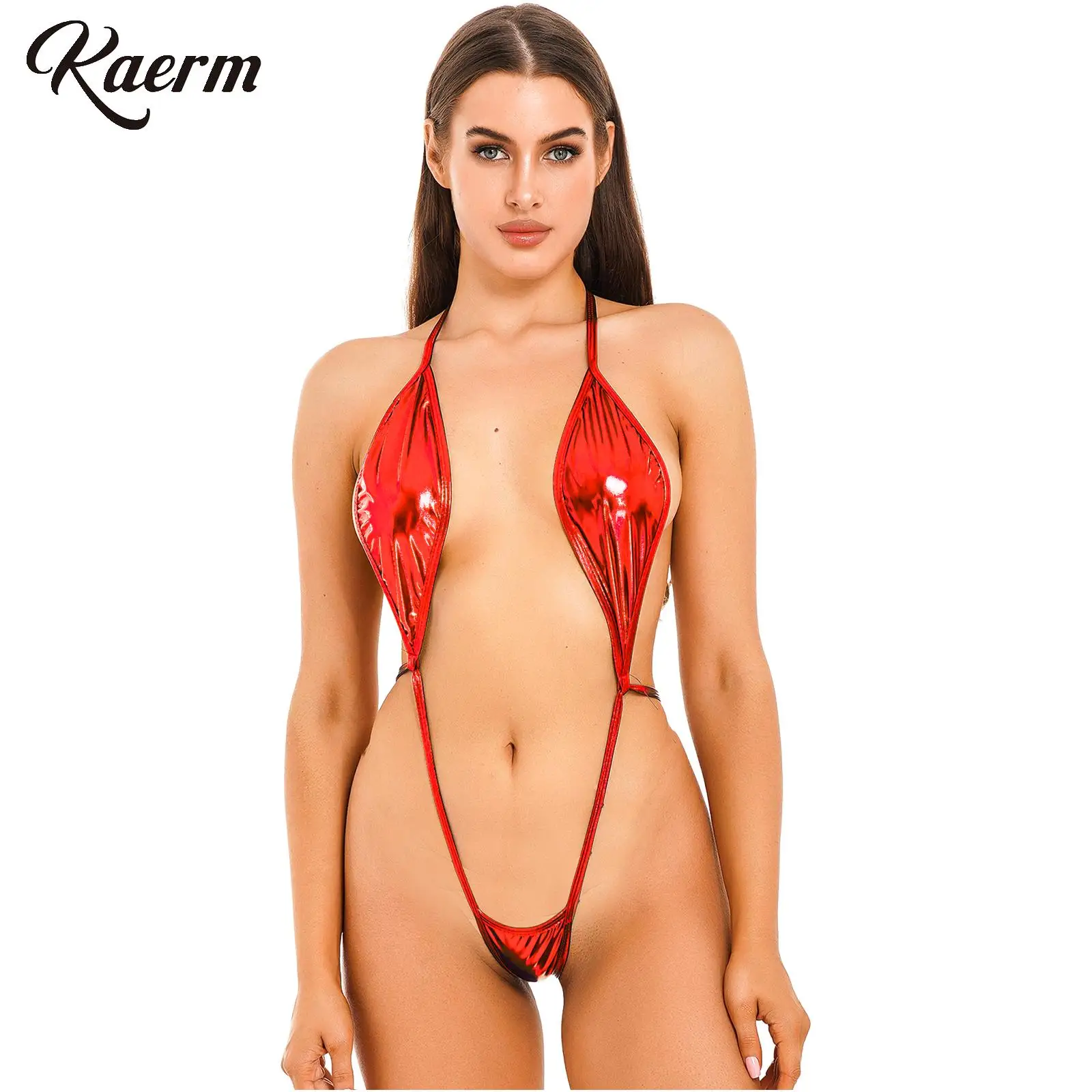 

Womens Sexy Jumpsuits Swimsuits One-piece Micro Bikini Swimwear Shiny Halter Lace-Up O Backless for Bodysuit Beach Bathing Suits