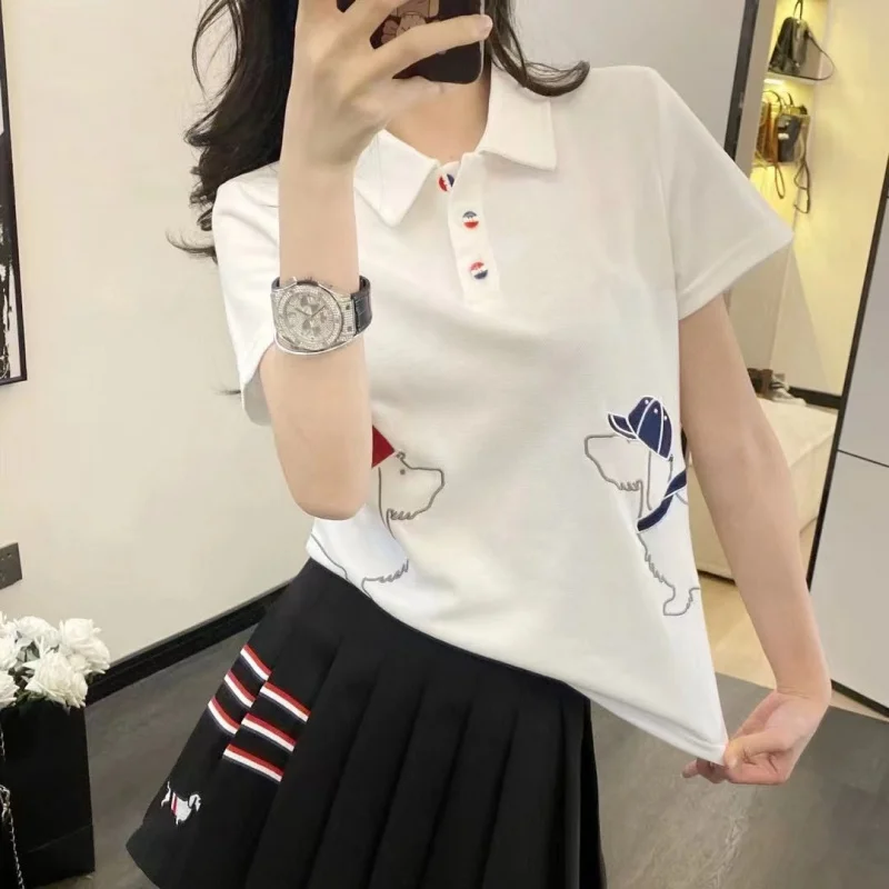 

TBCollege Style Suit Puppy Embroidered Short SleevePoloLapelTT-shirt High Waist Slimming Pleated Skirt Youthful-Looking Two-Piec